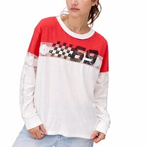 BDG Y2K Racing Graphic Tee Red White Lace Sleeve Colorblock L NWOT